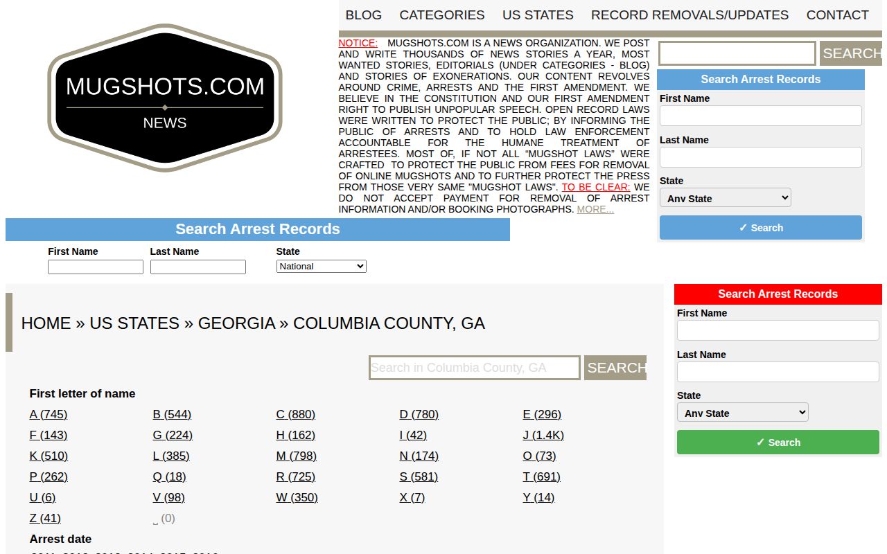 Mugshots.com Columbia County Georgia historical arrest archive page