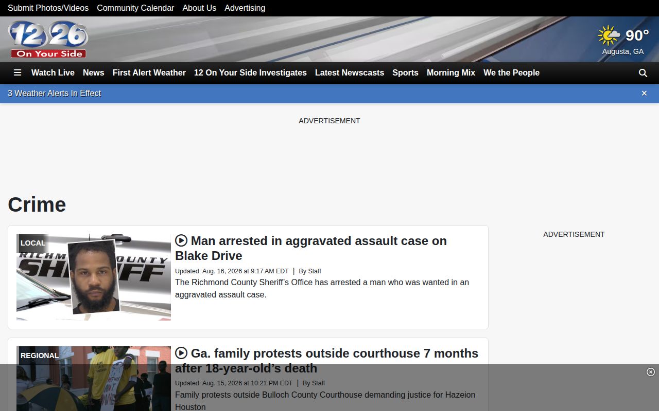 Regional Georgia crime newsroom page used for Columbia County event coverage