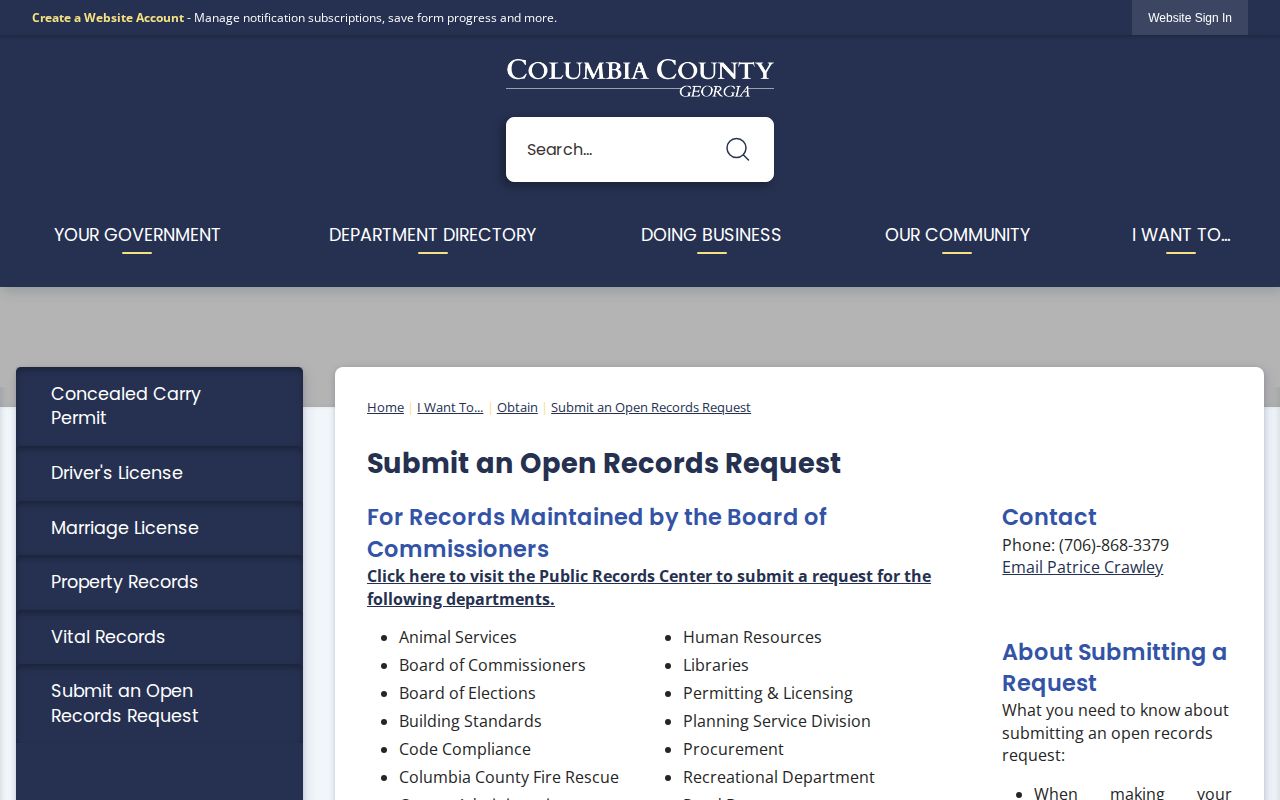 Columbia County, Georgia official open-records request interface for booking records