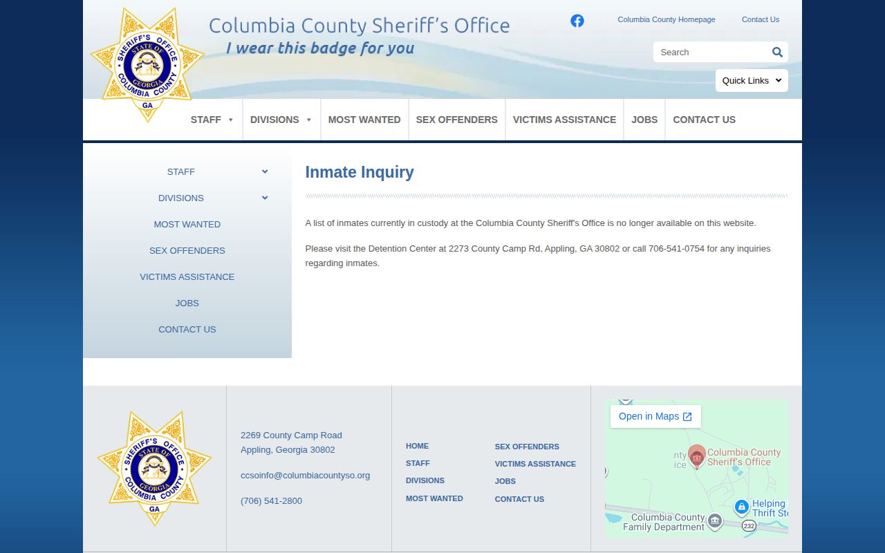 Columbia County, Georgia official discontinued inmate inquiry notice for current custody records