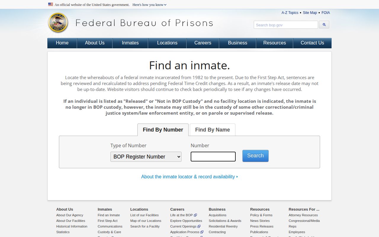 Federal Bureau of Prisons locator interface for Columbia County federal custody questions
