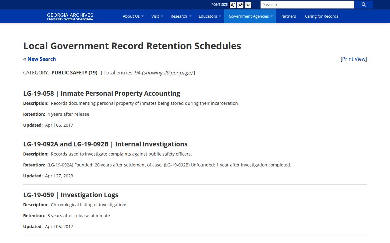 Georgia public-safety retention schedule for Columbia County jail booking records and incarceration lists