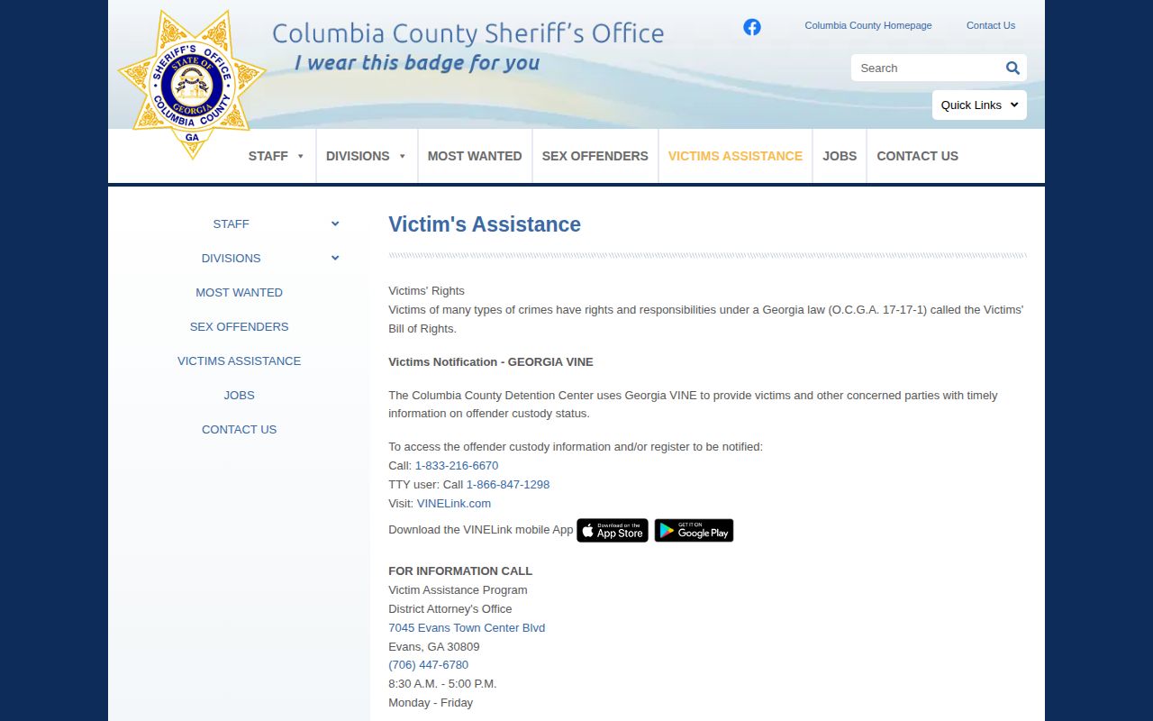 Columbia County Georgia Sheriff's Office official VINE custody-alert information