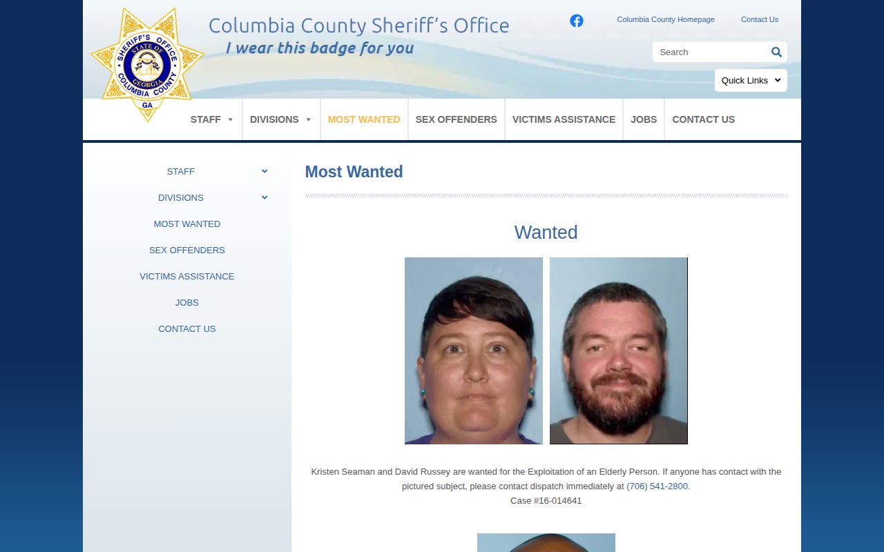 Columbia County Georgia Sheriff's Office official Most Wanted page with wanted-list photographs
