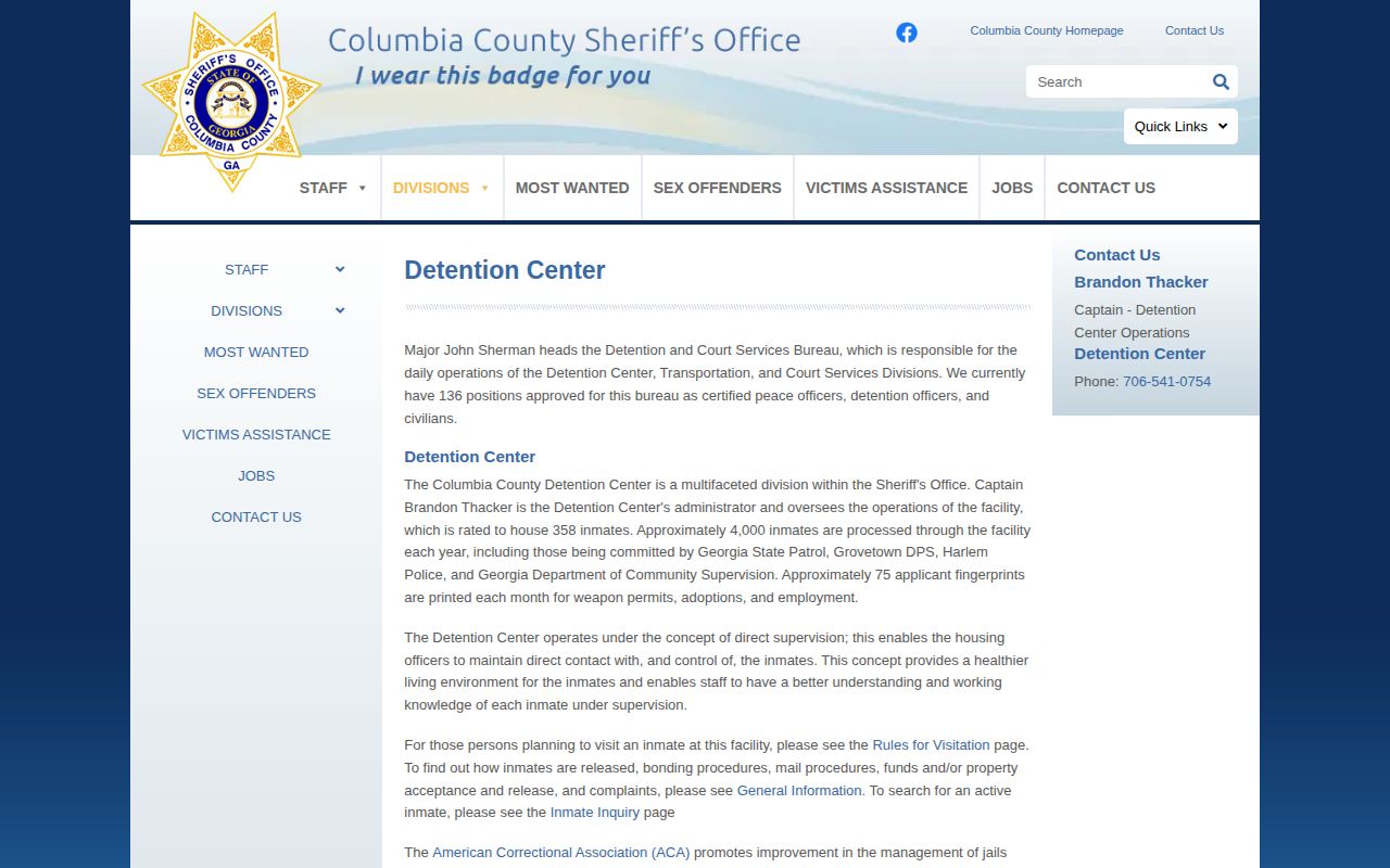 Columbia County Georgia Detention Center official page for county custody and booking records